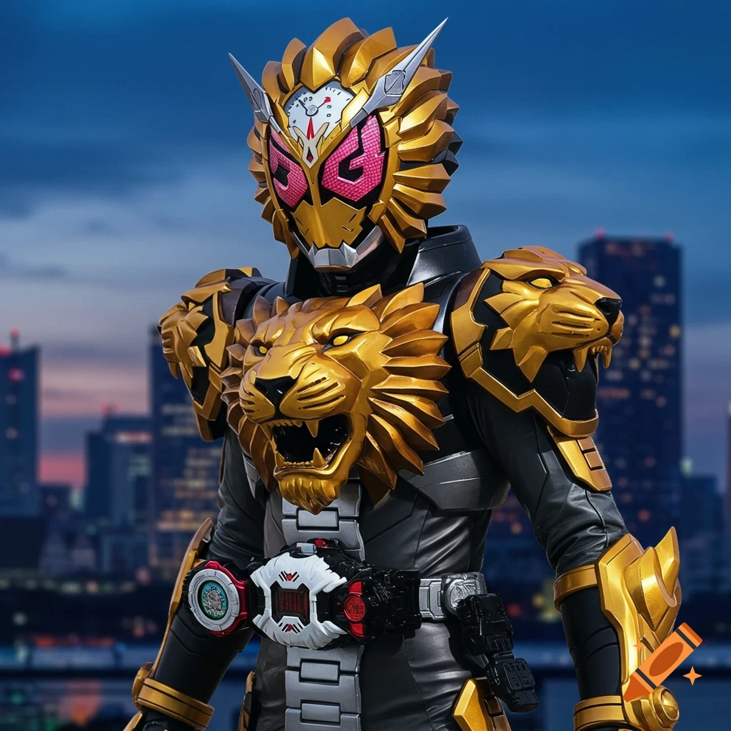 A close-up of a gold and black armored superhero with a lion motif. The helmet is gold with pink eyes and a clock face design. Three golden lion heads adorn the chest and shoulders, and a futuristic belt buckle is visible.