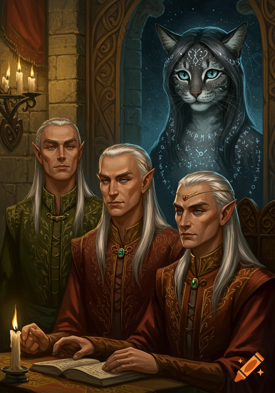 Fantasy portrait of three male elves with white hair at a table with a book, a cat-like humanoid with blue eyes and starry markings watches from an archway.