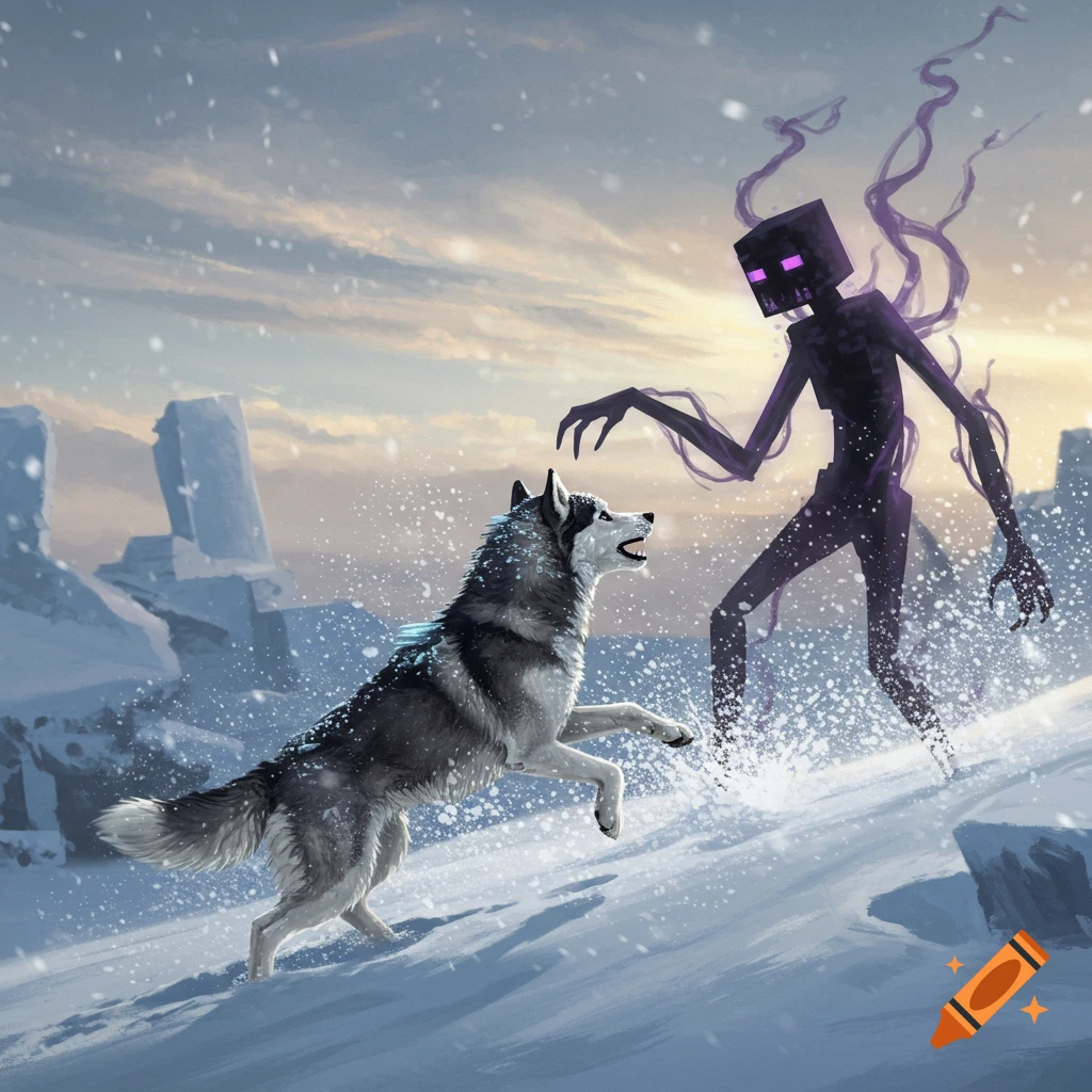 A husky lunges towards an Enderman in a snowy, desolate landscape, with snow splashing around them.