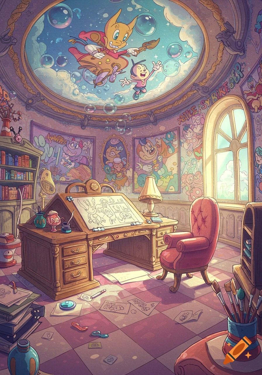 A vibrant, whimsical cartoon art studio with a drawing desk, red armchair, bookshelves, and framed art. Cartoon characters fly on the ceiling mural.