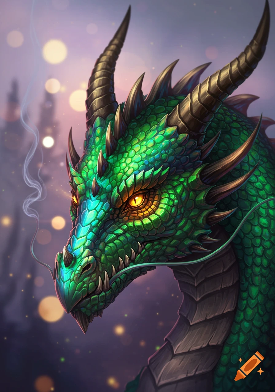 Close-up portrait of a vibrant green dragon with glowing orange eyes, detailed scales, and smoke, set against a blurry, magical background.