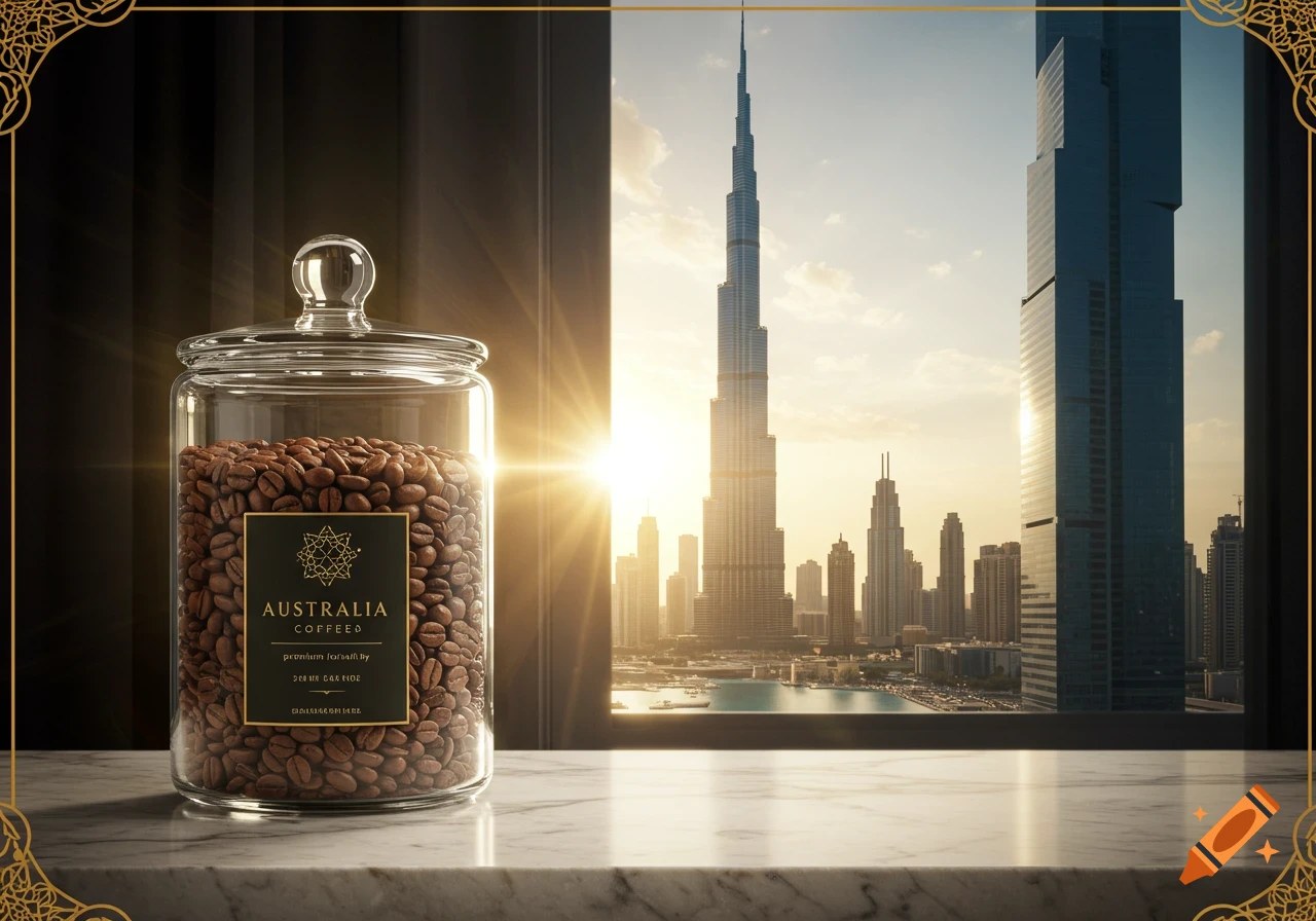 Photorealistic image of a jar of coffee beans on a marble counter with the Dubai skyline, including Burj Khalifa, visible through a window at sunset.