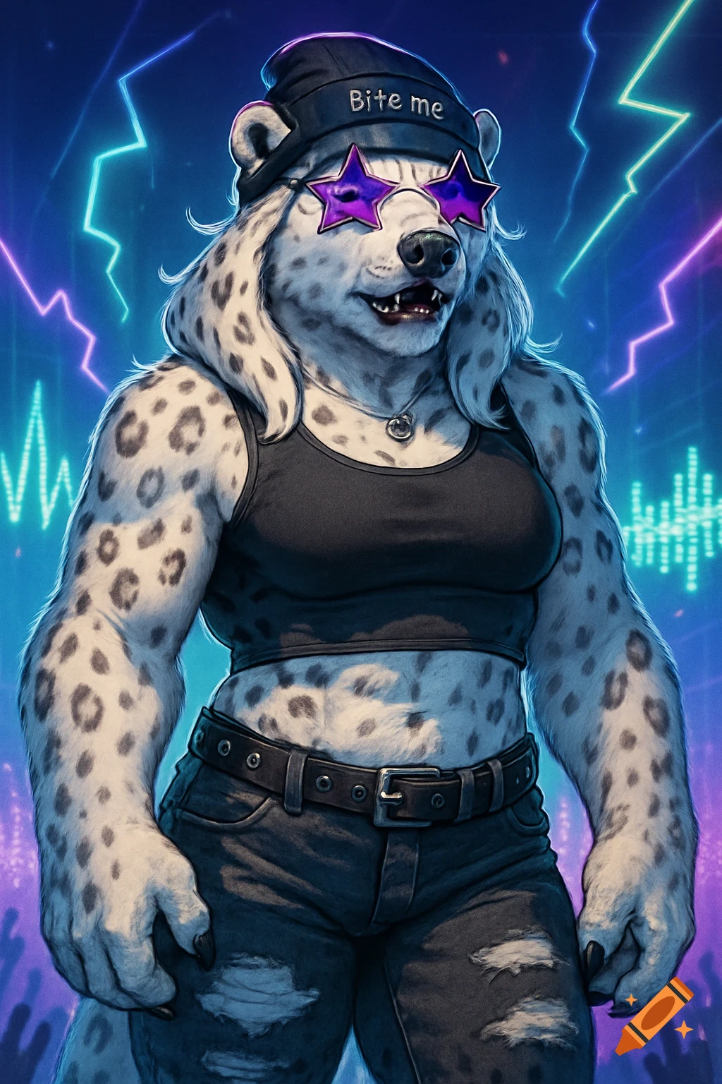 Muscular anthropomorphic snow leopard/polar bear mix in a crop top, ripped jeans, 'Bite me' beanie, and star sunglasses, against neon lights.