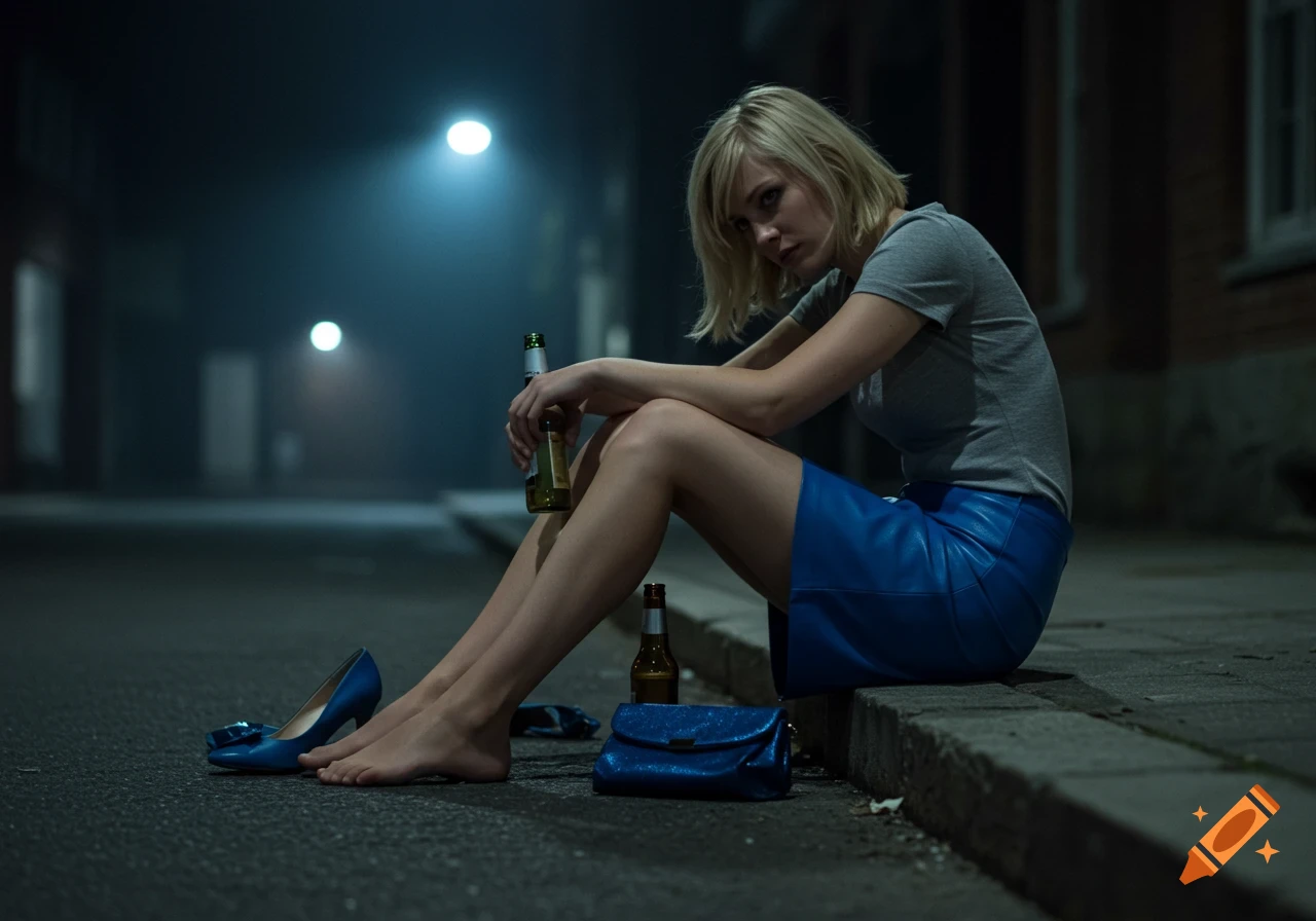 A blond woman in a blue leather skirt sits barefoot on a street curb at night, holding a beer bottle, with blue heels and a clutch nearby. Photorealistic, cinematic style.