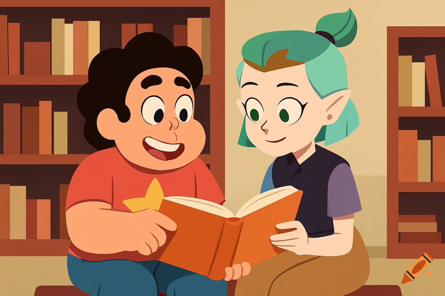 Cartoon characters Steven Universe and Amity Blight sit together, smiling and reading a book in a library.