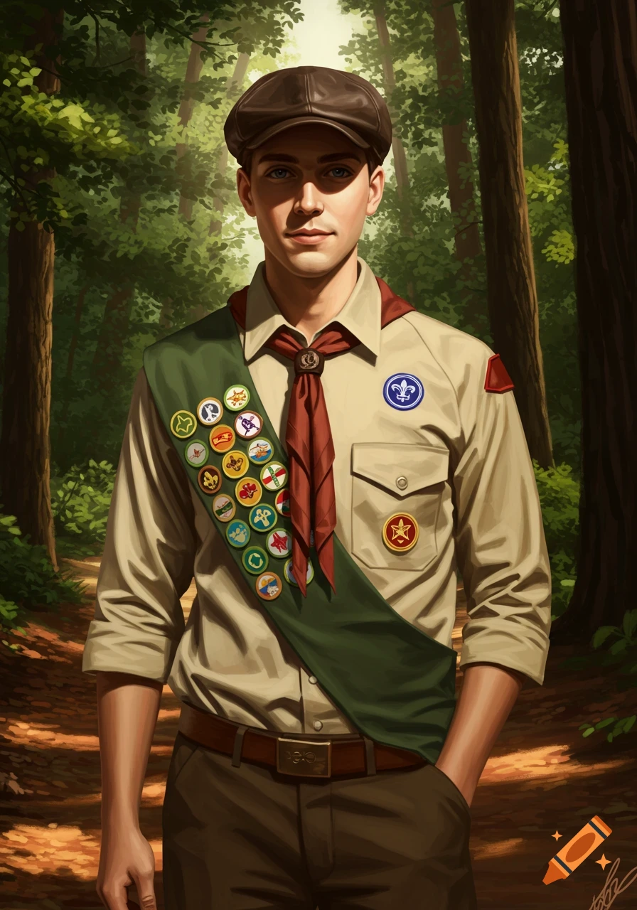 A detailed illustration of a young man in a scout-like uniform with badges and a cap, standing in a sunlit forest.