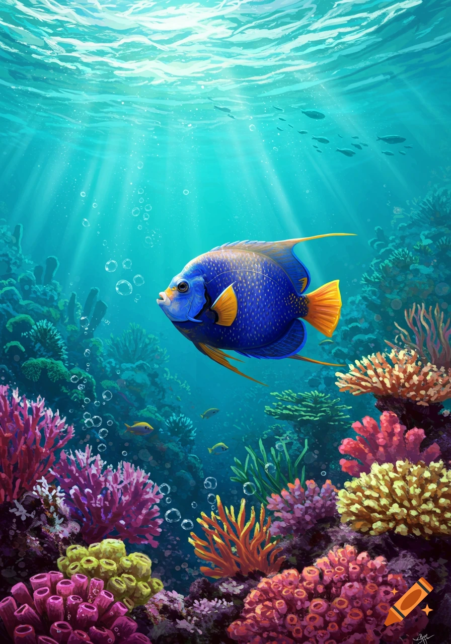 A colorful blue and yellow angelfish swims amidst a vibrant coral reef with sunlight rays beaming through the clear blue ocean.