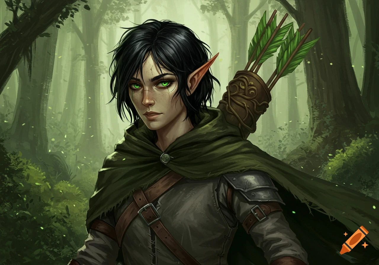 A wood elf with messy black hair, emerald eyes, and freckles wears a dark green cloak and grey tunic, with a vine-decorated quiver of green arrows, in a forest, digital painting.