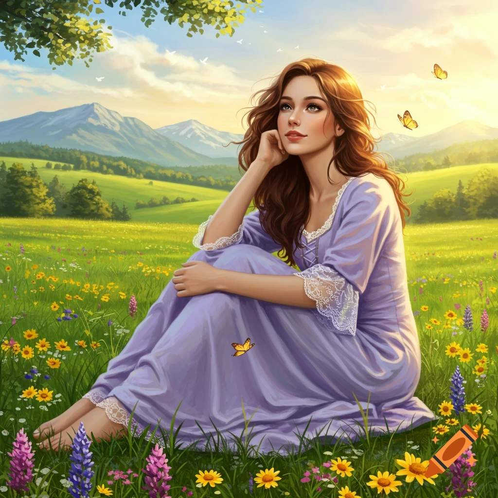 A beautiful young woman with long hair sits thoughtfully in a vibrant field of wildflowers, with mountains and butterflies under a bright sky, in an illustrative style.