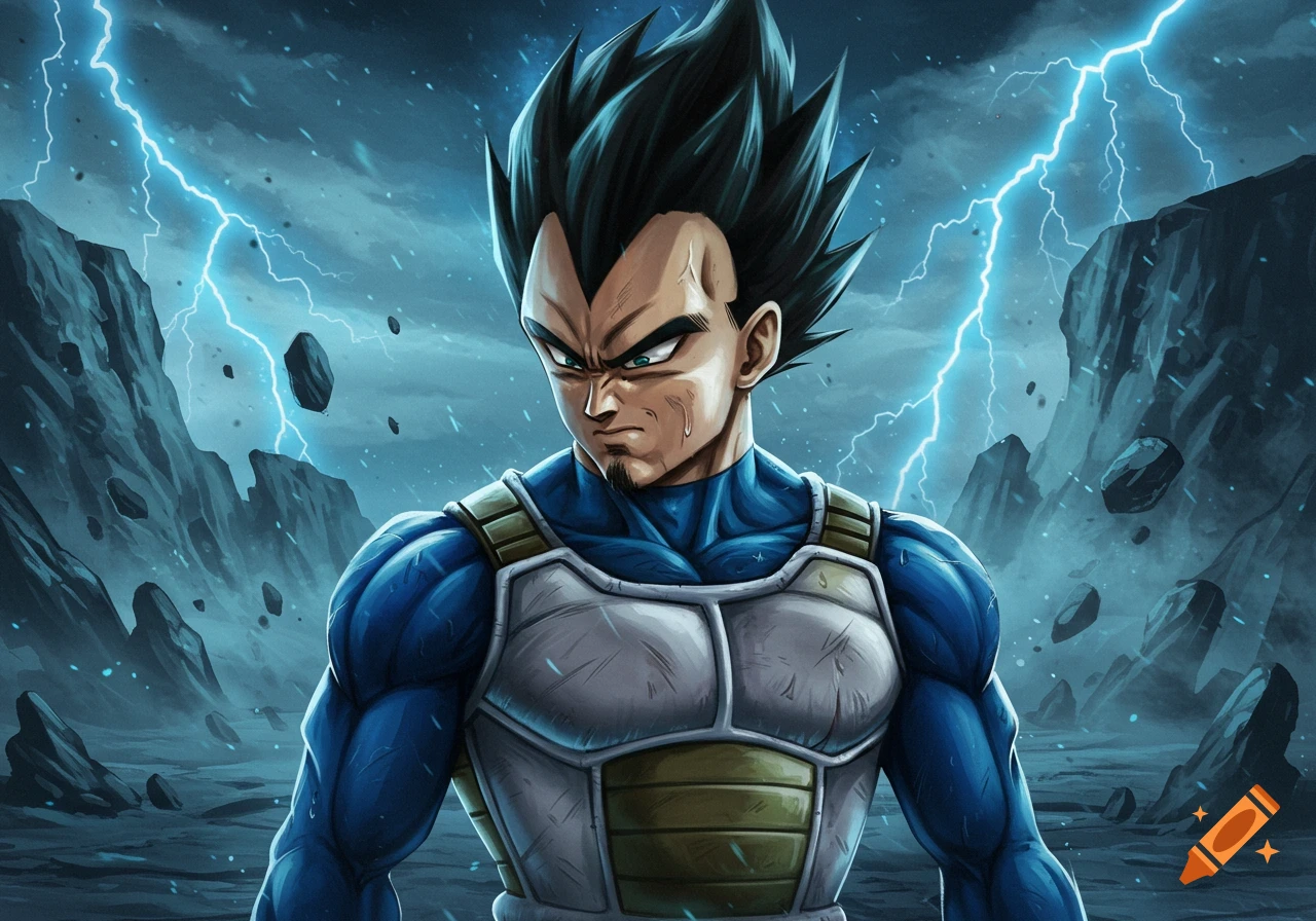 Vegeta, in blue and white Saiyan armor, looks down intensely amidst a stormy, lightning-filled, rocky landscape in an anime art style.