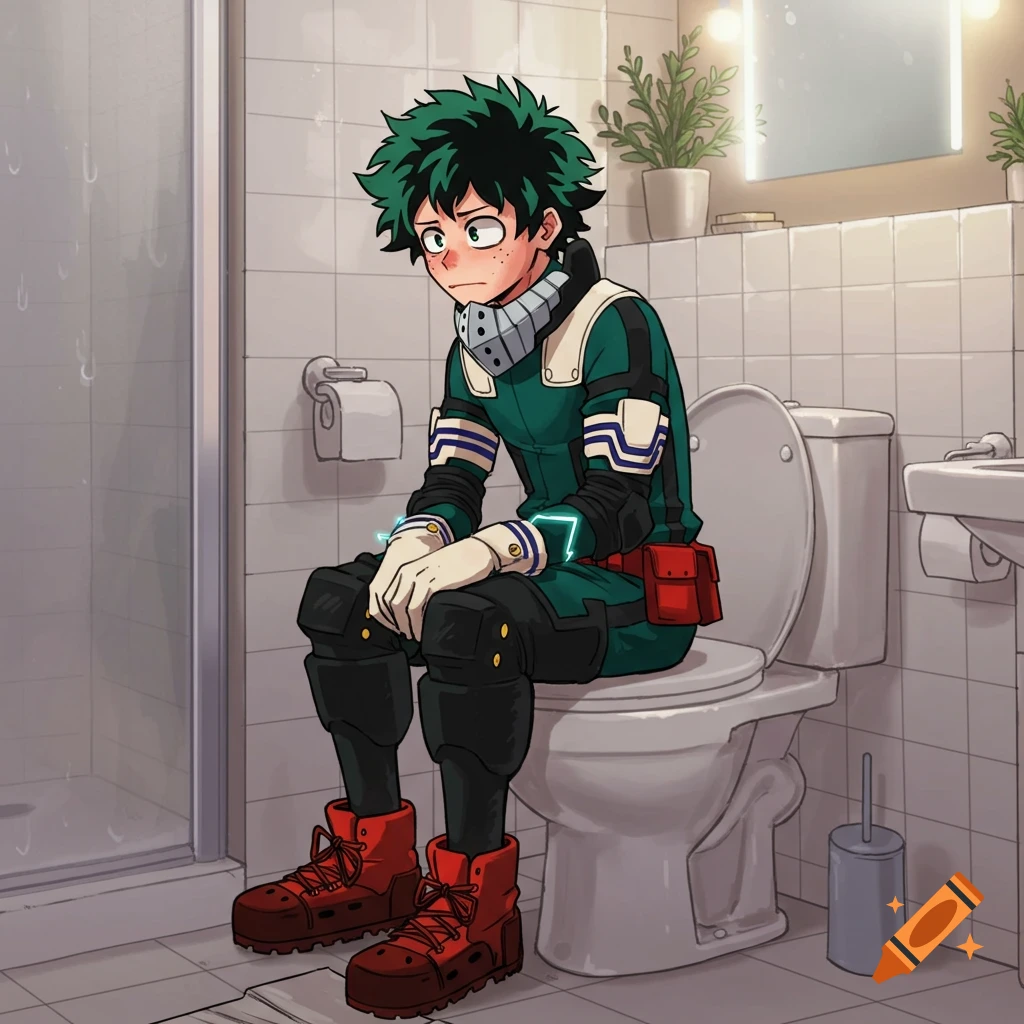 Deku from My Hero Academia in his hero suit sitting on a toilet in a bathroom, illustrated in an anime style.