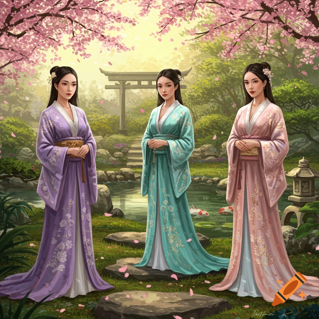 Illustration of three women in traditional purple, teal, and pink dresses in a Japanese garden with cherry blossoms.
