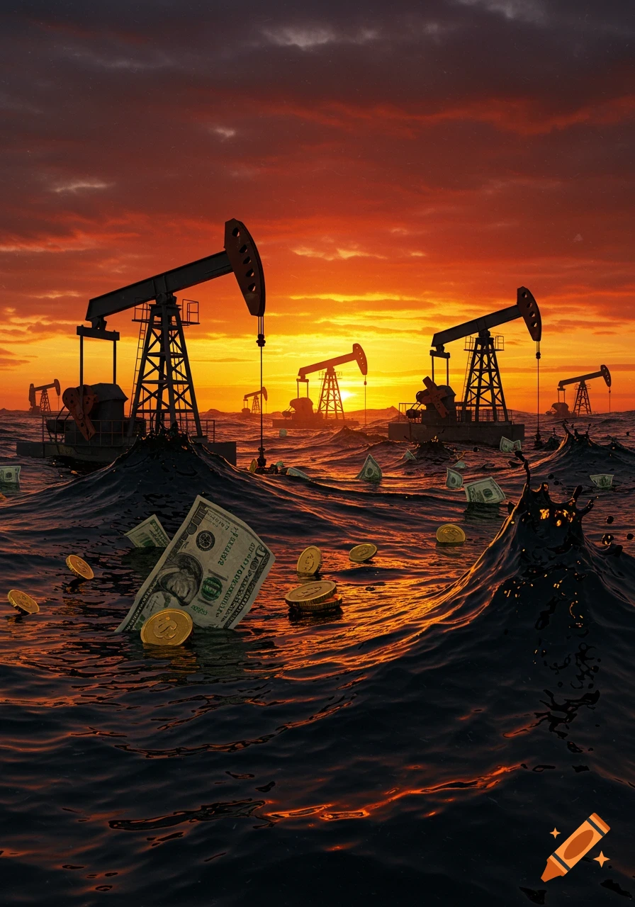 Surreal scene of oil pumpjacks and derricks emerging from giant black crude oil waves at sunset, with dollar bills and gold coins floating in the oil. Digital art.