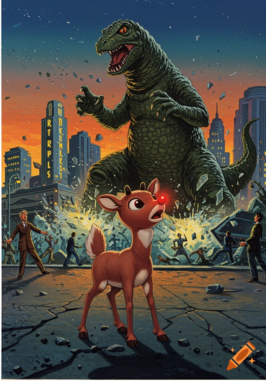 Pulp art illustration of Rudolph the Red-Nosed Reindeer watching Godzilla destroy a city, with people fleeing.