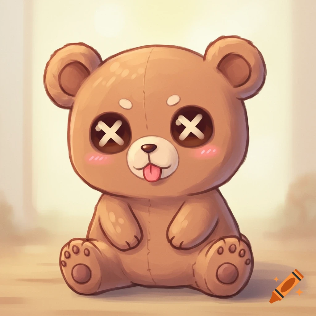 A confused-looking chibi anime teddy bear with X's for eyes and its tongue sticking out, in a soft, bright art style.