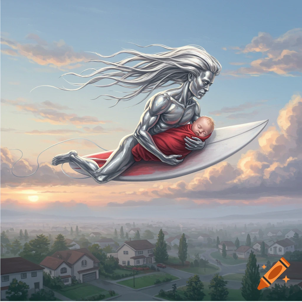 Metallic, long-haired figure resembling Silver Surfer flying above a neighborhood at sunset, gently carrying a baby in a red blanket. Illustration.