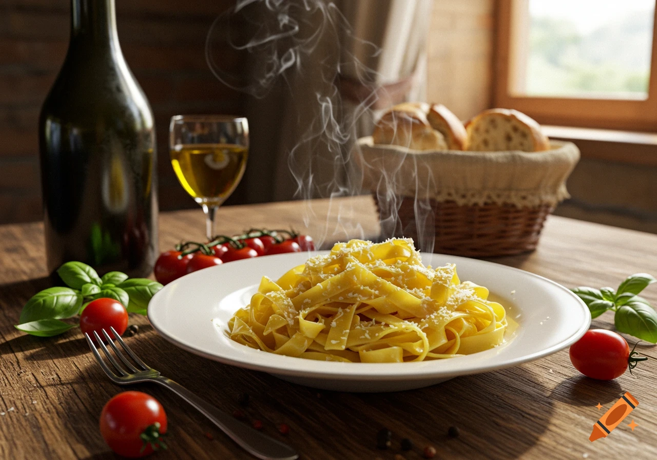 Photorealistic image of steaming tagliatelle pasta with grated cheese, fresh basil, and cherry tomatoes on a wooden table with wine and bread.