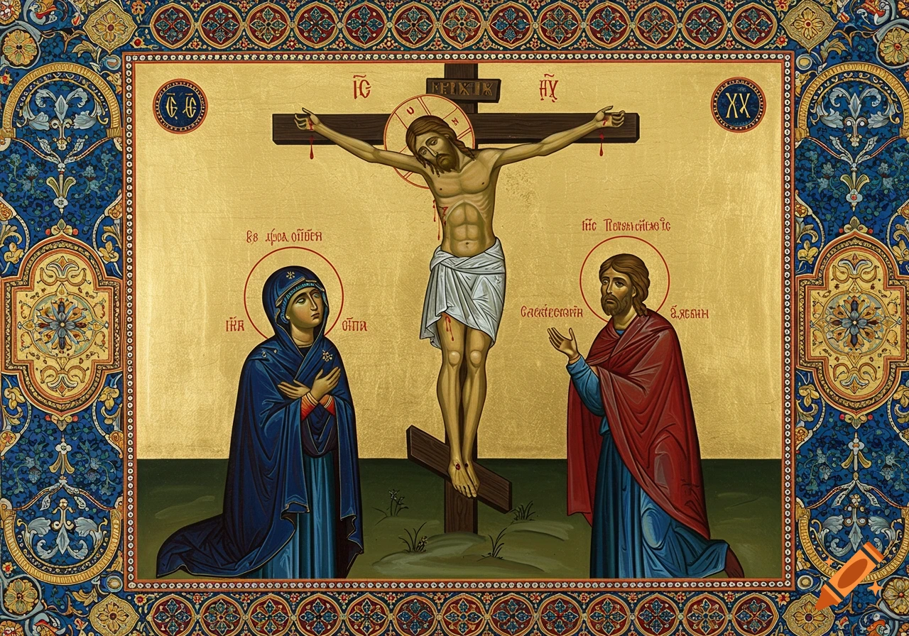 Orthodox icon depicting the crucifixion of Jesus Christ with Mary and John. Features a gold background and ornate border.