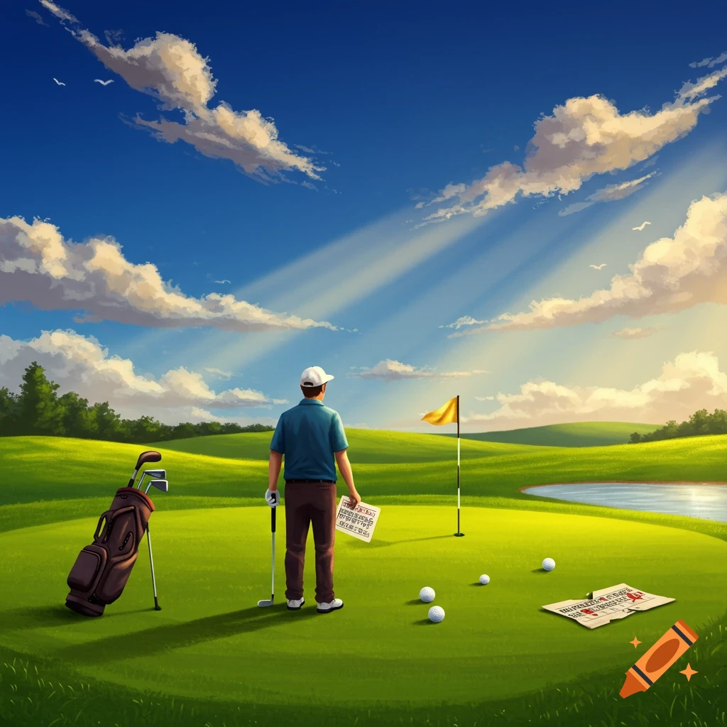 An illustrative painting of a golfer on a vibrant green golf course, looking towards the flag under a sunny sky.
