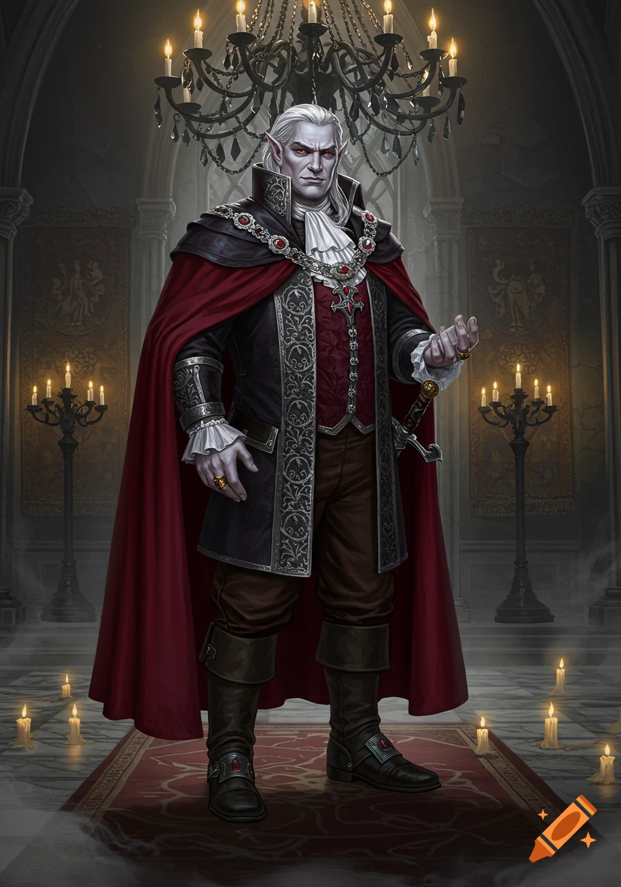 An elegant, white-haired dhampir in a red cape and black courtly attire stands in a gothic hall under a chandelier.