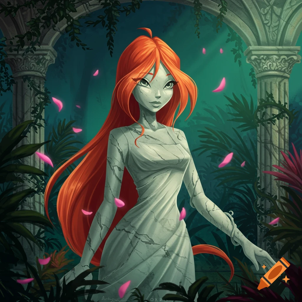 A red-haired character as a cracked marble statue in a lush, ancient ruin with pink petals. Digital painting.