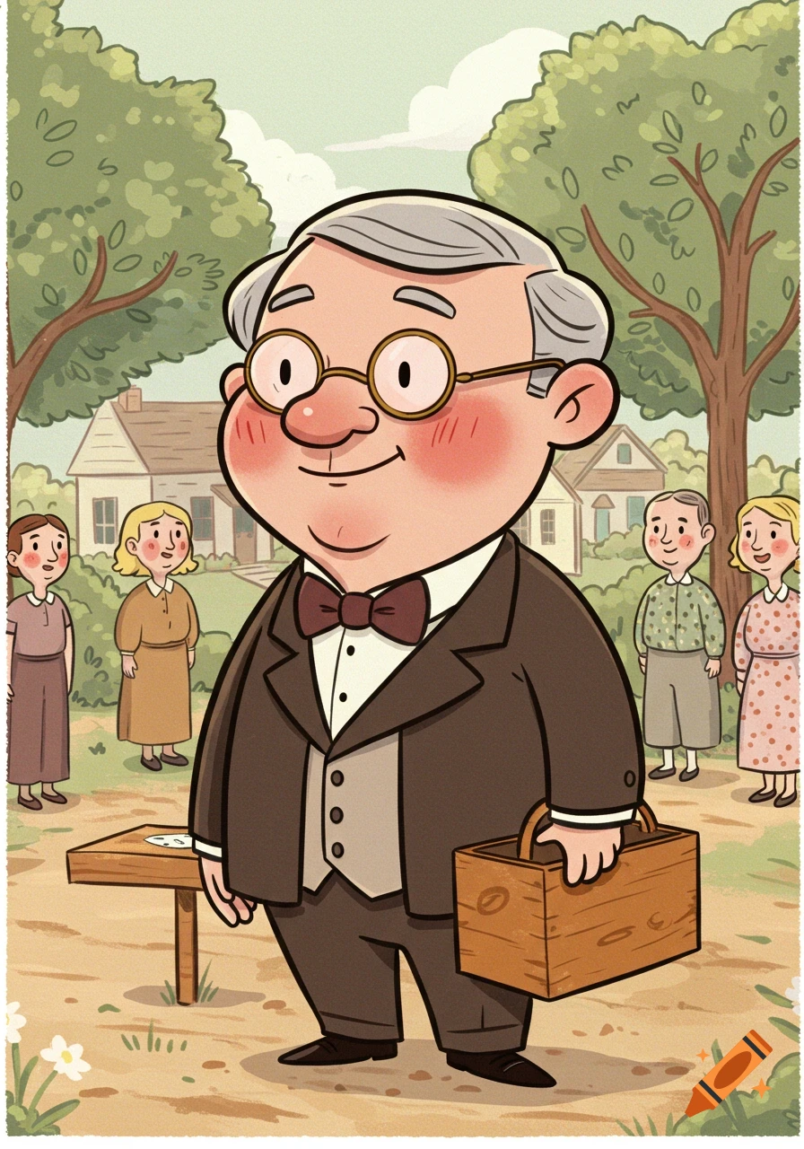 Cartoon drawing of a stout, bespectacled man in a suit holding a wooden box, surrounded by people and houses in a rural village.