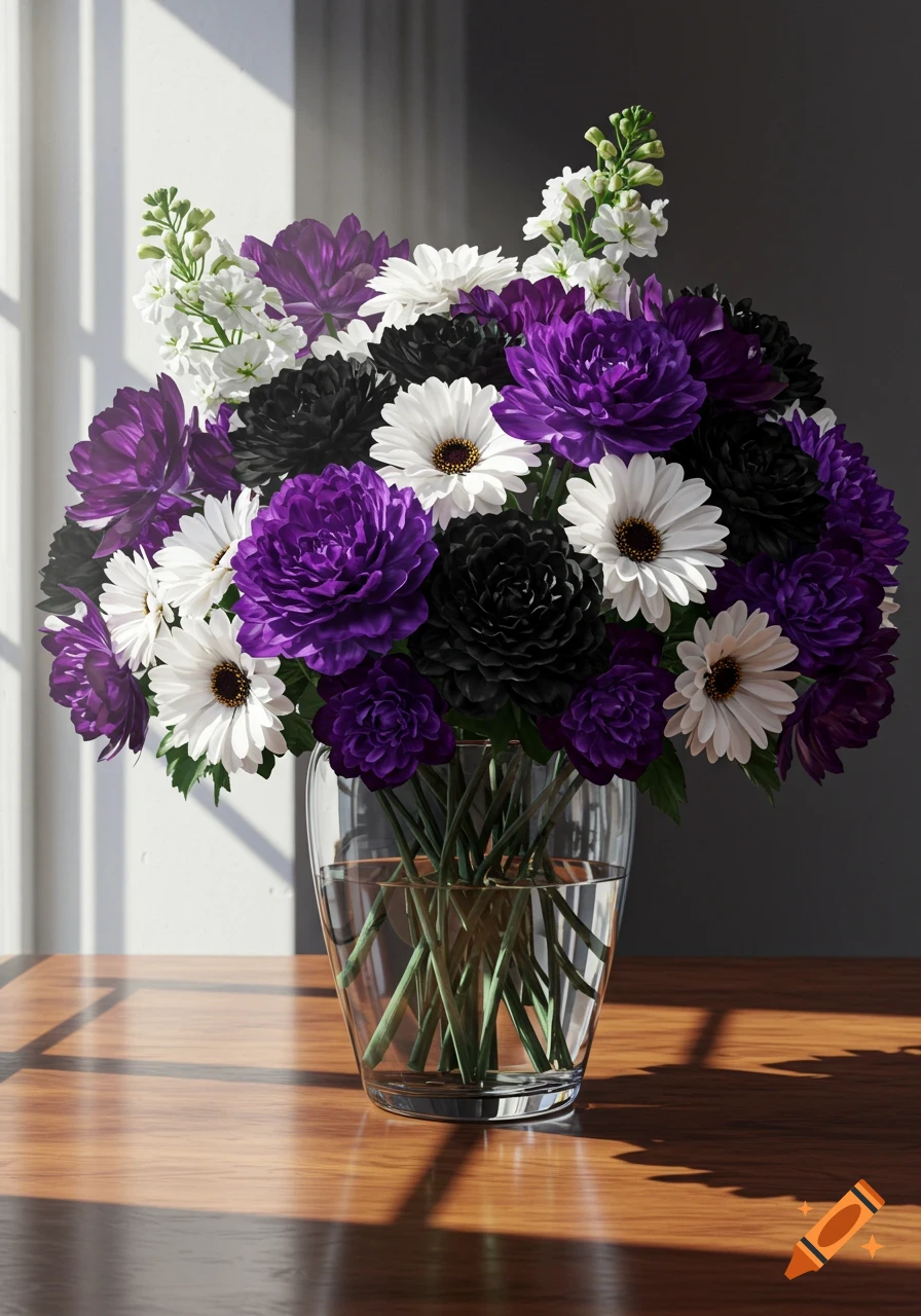 A vibrant bouquet of purple, white, and black flowers in a clear glass vase sits on a wooden table, bathed in sunlight from a window.