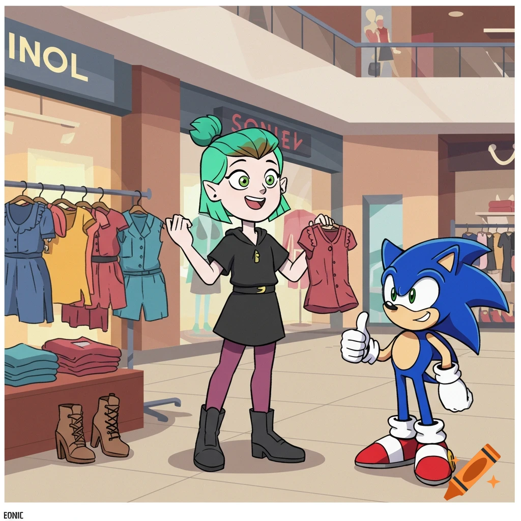 Amity Blight holds up a red shirt while Sonic the Hedgehog gives a thumbs up in a brightly lit clothing store.