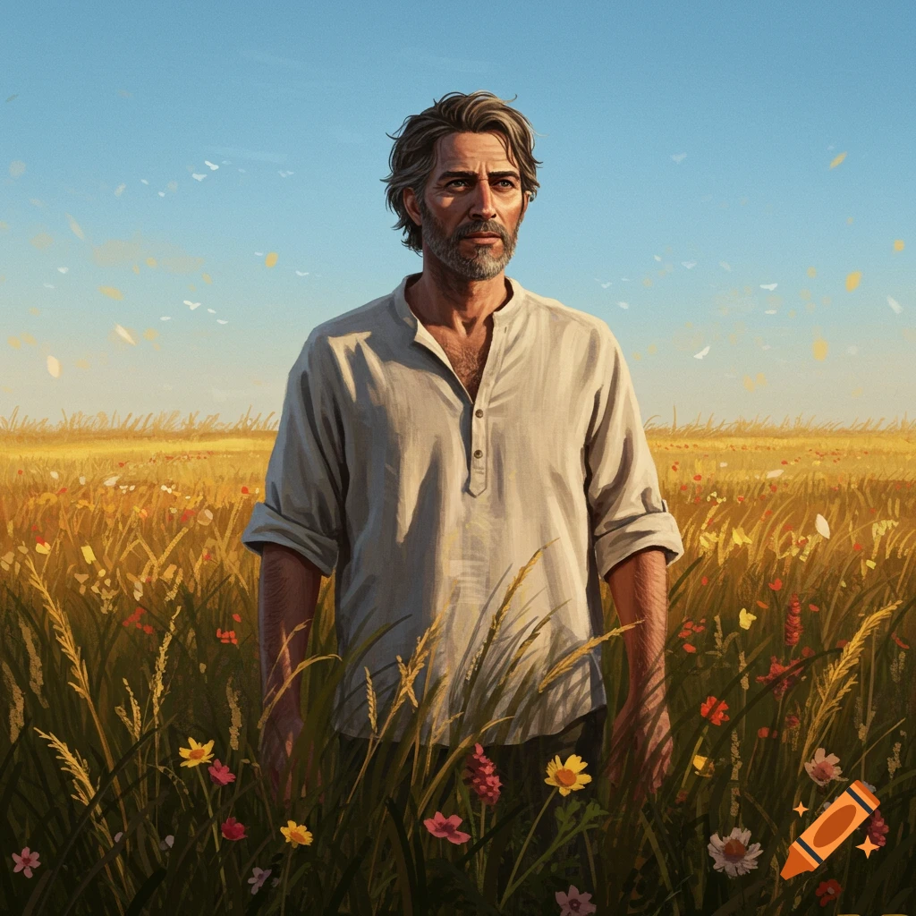 A thoughtful man with a beard stands in a sunlit field of tall grass and wildflowers under a clear blue sky, in a digital painting style.