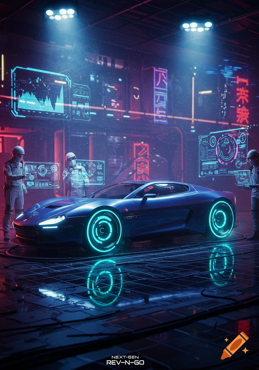 A dark blue futuristic sports car with glowing blue wheels in a neon-lit cyberpunk garage, surrounded by technicians and holographic displays.