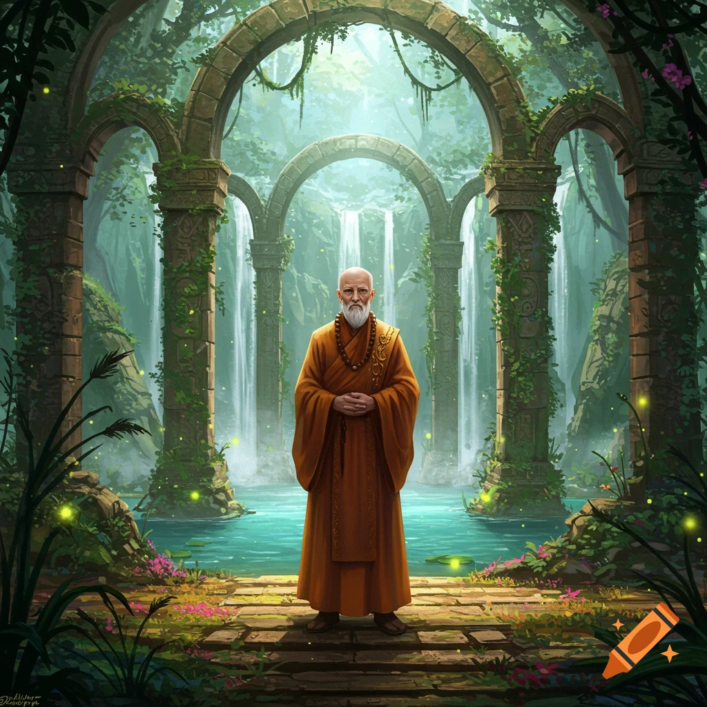 An old monk in orange robes stands in a lush fantasy ruin with ancient arches and waterfalls in a mystical forest.