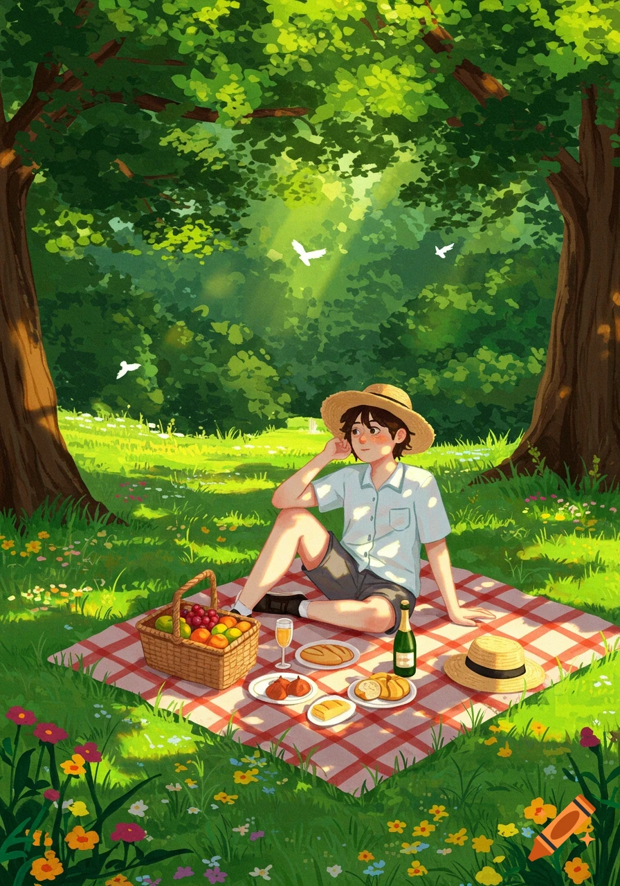 An illustrated scene of a person having a picnic on a red checkered blanket in a sunny park under a large tree, surrounded by grass and flowers.