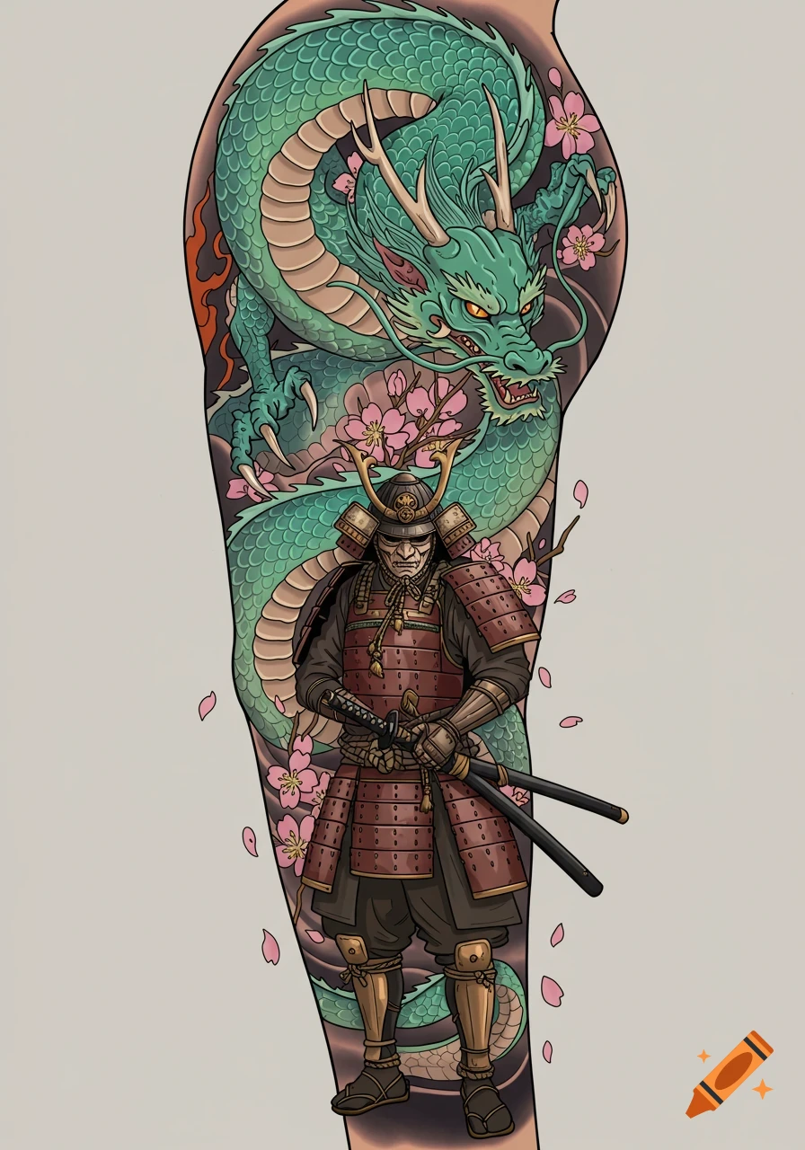 Illustrative Japanese tattoo design featuring a green dragon, a samurai warrior in red armor, and pink cherry blossoms on an arm.