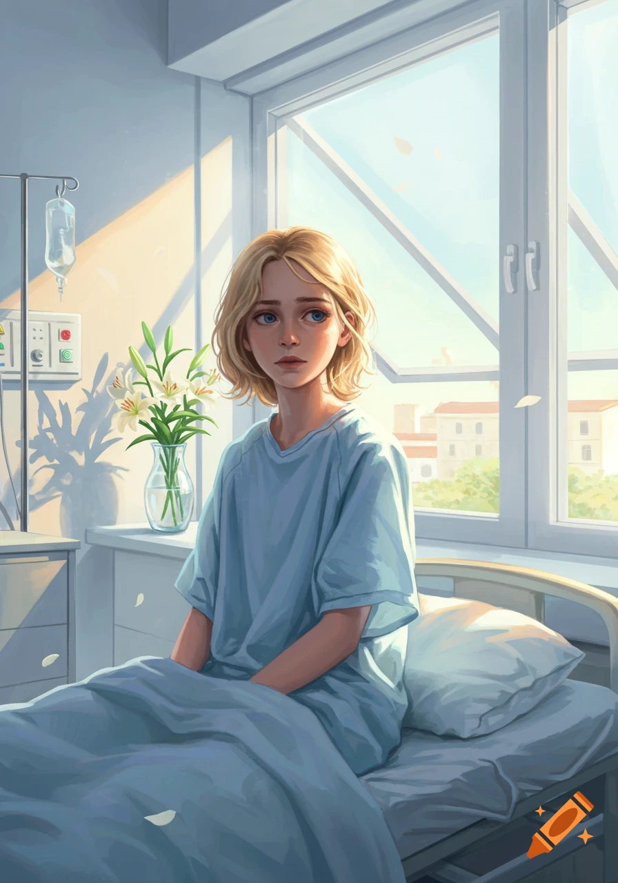 A blonde girl with blue eyes sits in a hospital bed in a sunlit room, with an IV stand and flowers nearby. Anime style.