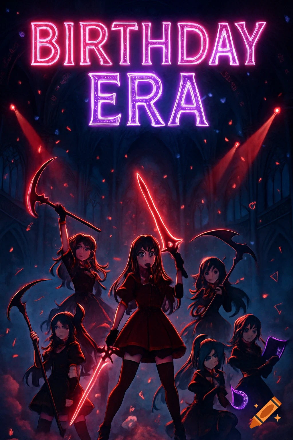 Anime-style poster of six idol-like girls in a gothic concert arena, holding glowing weapons under neon 'BIRTHDAY ERA' text.