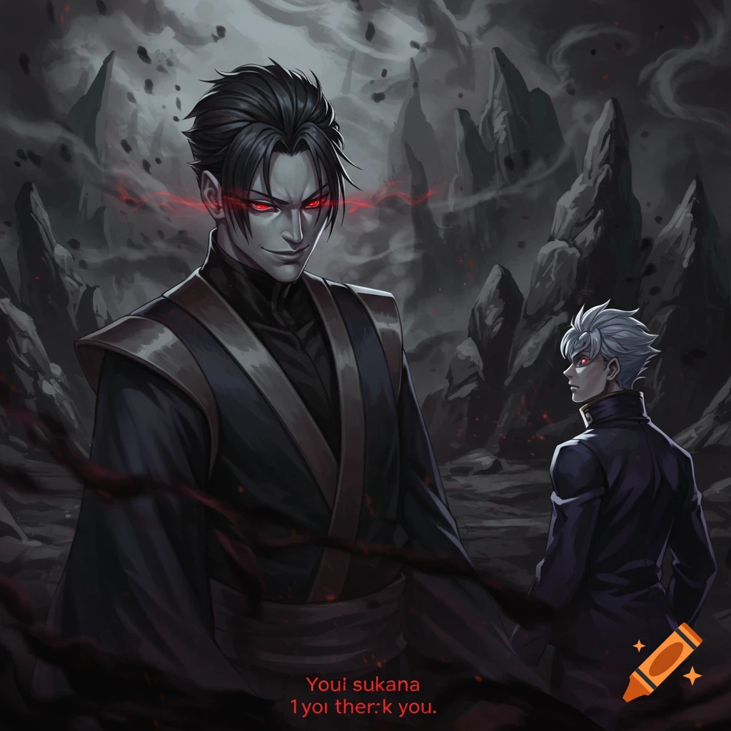 Anime style illustration of a menacing dark-haired man with glowing red eyes in the foreground, facing away from a white-haired man in a dark, rocky landscape.