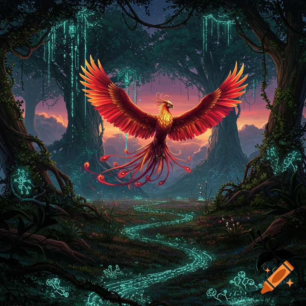 A majestic red and gold phoenix with outstretched wings flies through an enchanted forest with glowing blue light and a winding magical river.