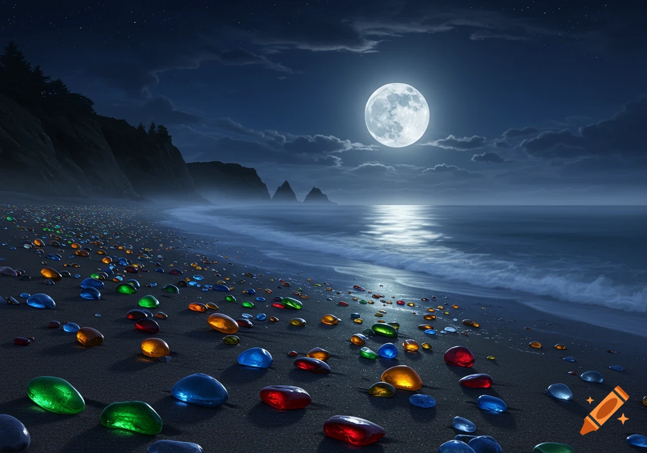 Photorealistic night scene: A full moon illuminates a beach covered with colorful glowing pebbles, with ocean waves and dark cliffs.