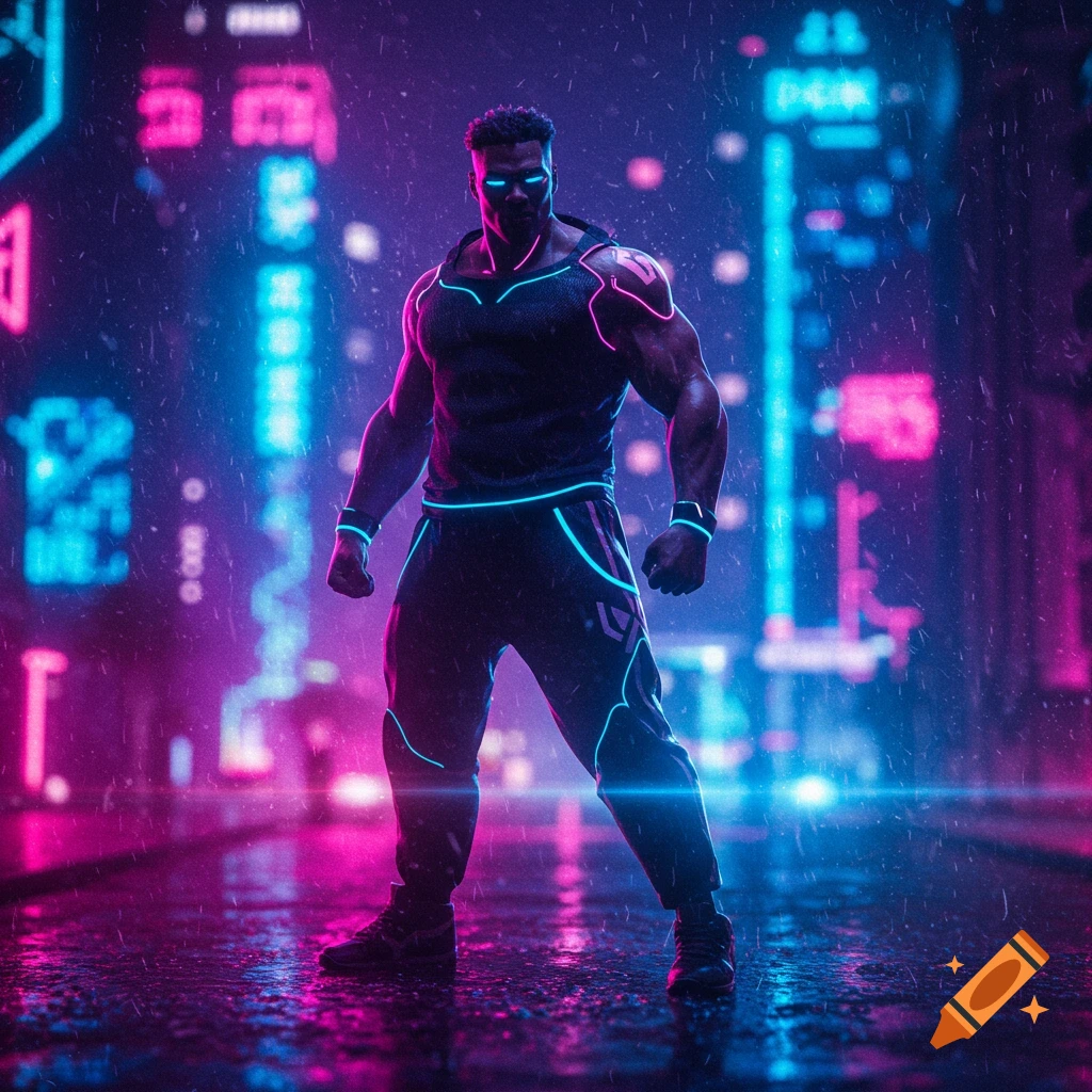 Muscular man with glowing blue eyes and neon-outlined clothing stands in a rainy, neon-lit cyberpunk city.