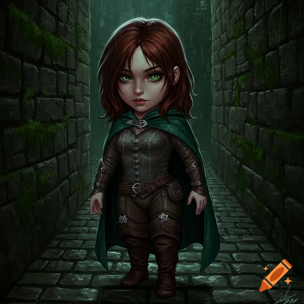 Stylized fantasy art of a female rogue with auburn hair and green eyes, wearing leather armor and a green cape, standing in a dark, rainy stone alley.
