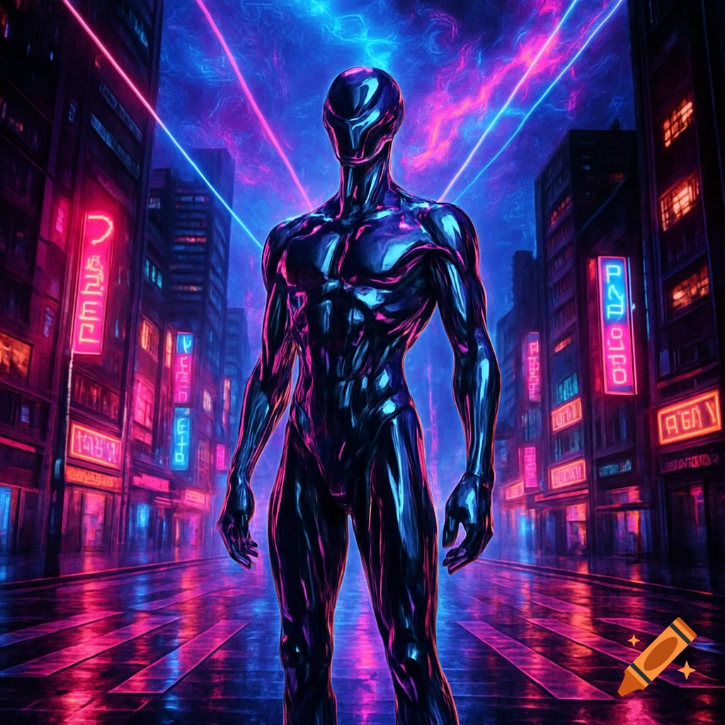 A metallic humanoid figure stands centered in a vibrant, neon-lit cyberpunk city street with tall buildings and glowing signs.