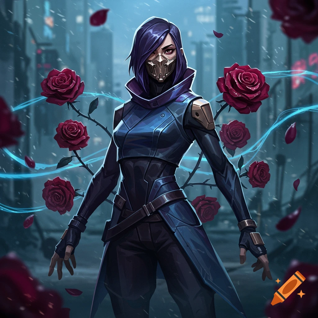 A stylized digital art image of a masked female character in a tactical suit, surrounded by red roses and blue energy in a dark city setting.