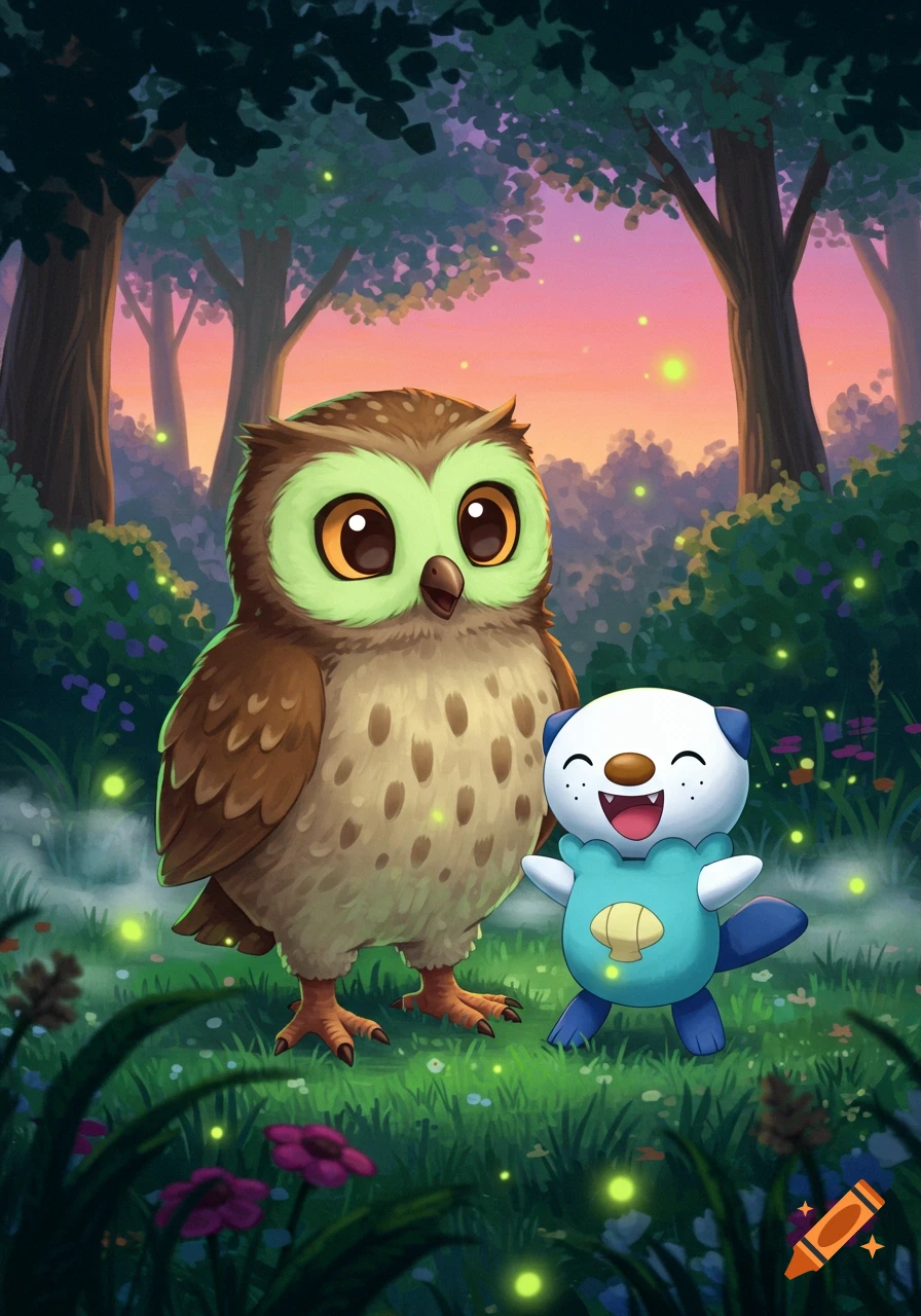 A cartoon owl and Oshawott stand smiling in a magical forest with glowing fireflies and a sunset sky, in an illustration.