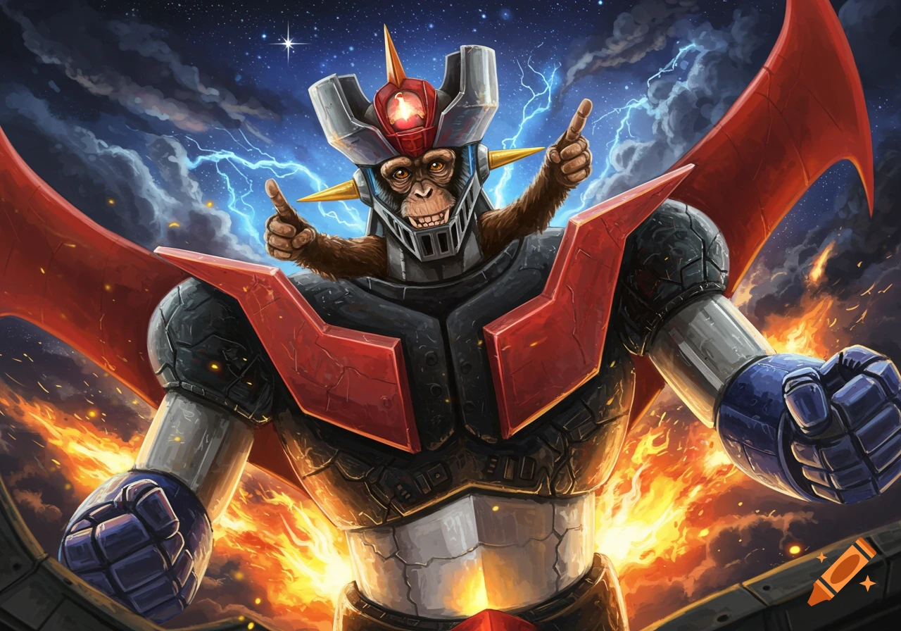 A grinning monkey piloting a giant black and red robot (Mazinger Z) gives two thumbs up, against a stormy, starry sky with lightning and fire.