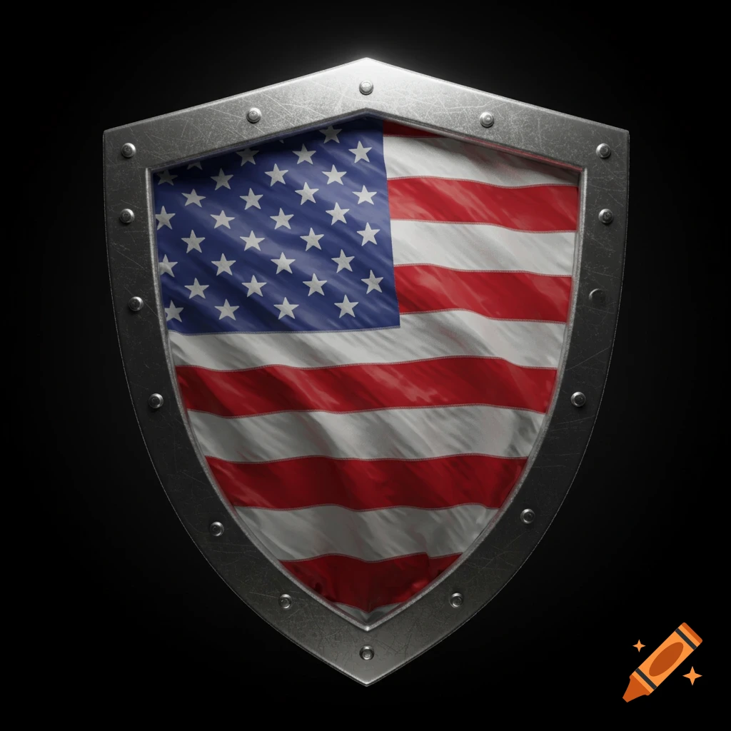 A metallic shield prominently displaying a wavy American flag against a dark background, in a photorealistic style.
