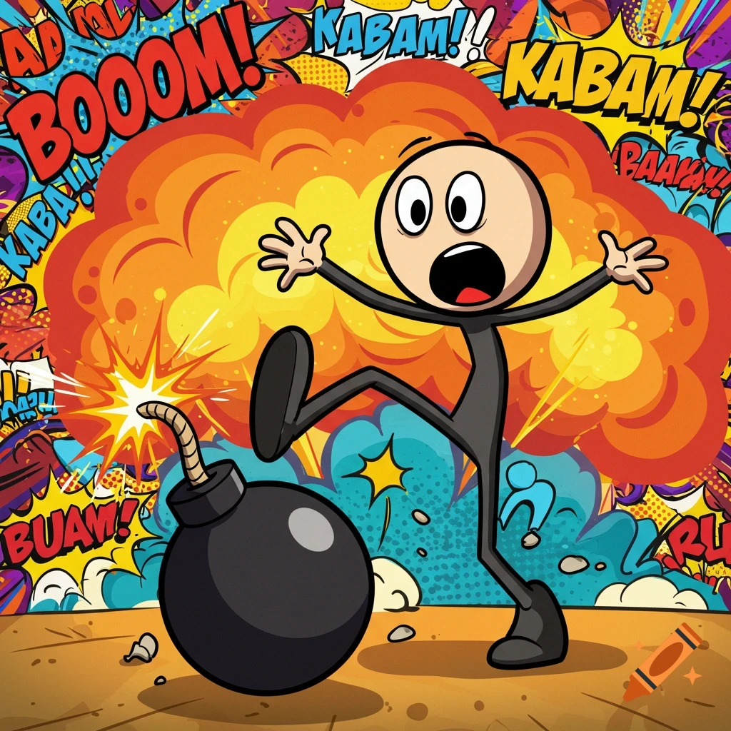 A cartoon stick figure reacts with wide eyes and open mouth to a bomb exploding behind them, amidst comic book sound effects.