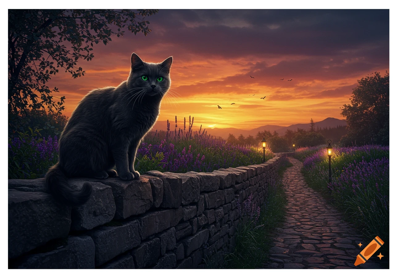 A dark gray cat with green eyes sits on a stone wall next to a cobblestone path and lavender field at sunset, with birds in the sky.
