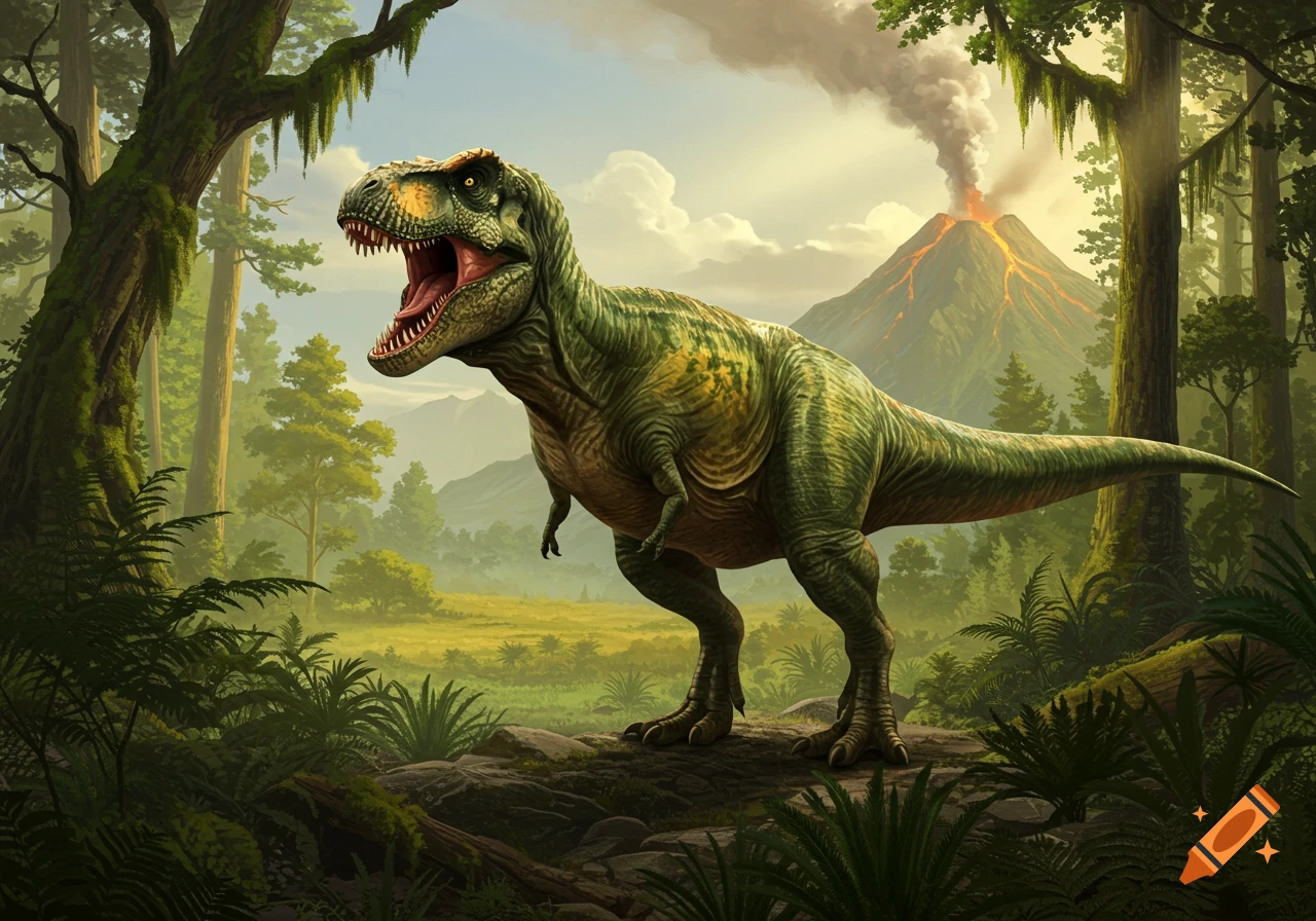 A green Tyrannosaurus Rex roars in a lush prehistoric forest, with an erupting volcano smoking in the background. Digital art.