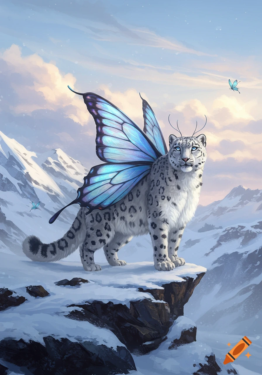 A majestic snow leopard with iridescent blue butterfly wings and antennae stands on a snowy mountain peak under a cloudy sky.