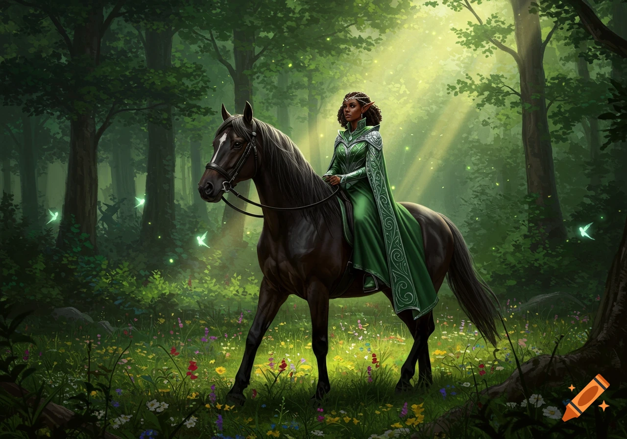 A Black woman in green elf robes rides a dark horse through an enchanted forest filled with sunlit wildflowers and glowing fairies, fantasy art.